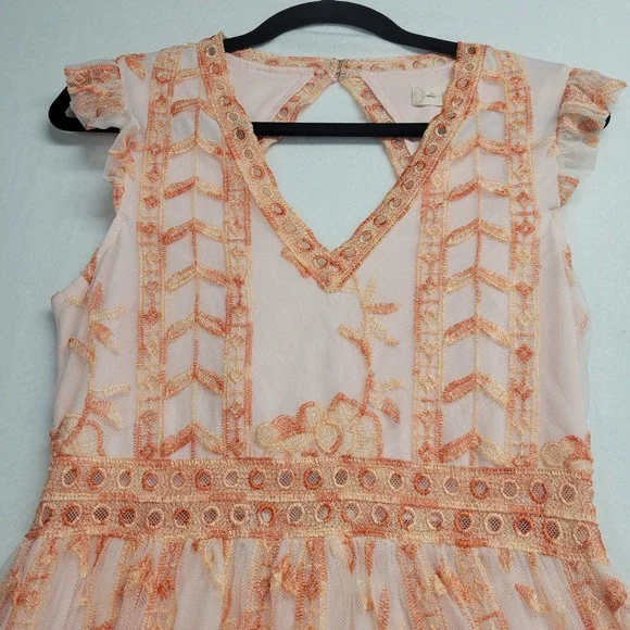 Altar'd State Orange Peach Embroidered Mesh Midi Dress Cutout Back Womens Medium - Picture 2 of 16